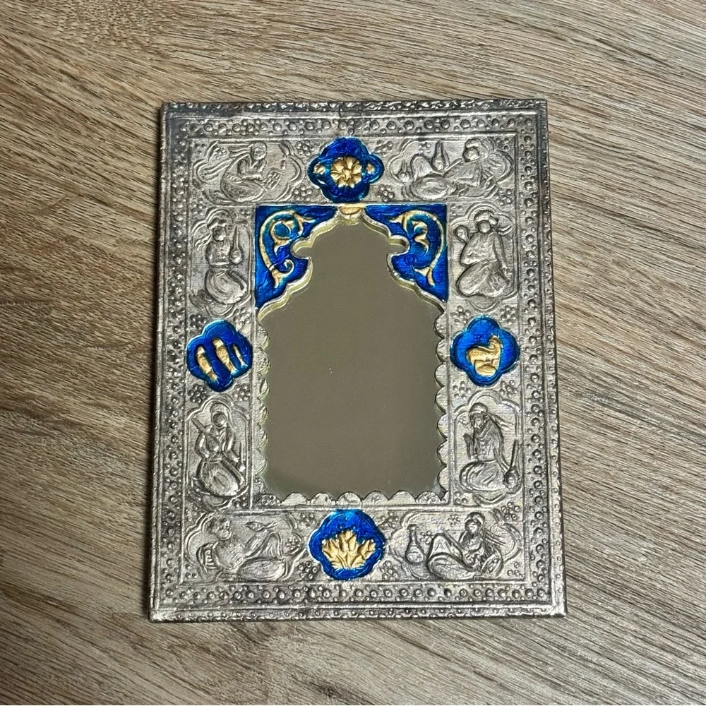 Antique Vtg 19th Century Islamic Persian Qajar Silver Plated Blue Enamel Mirror